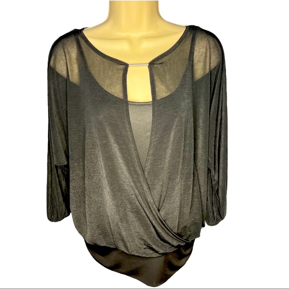 Jennifer Lopez Sheer Black Cross Over Faux Wrap with Attached Black Tank Top Med